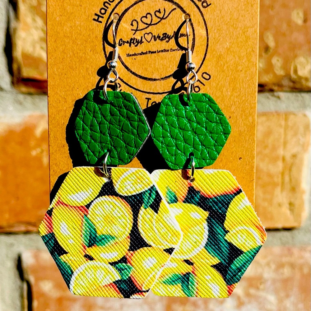 Hexagon in Lemon 🍋 Prints & Solid Green Faux Leather Earrings